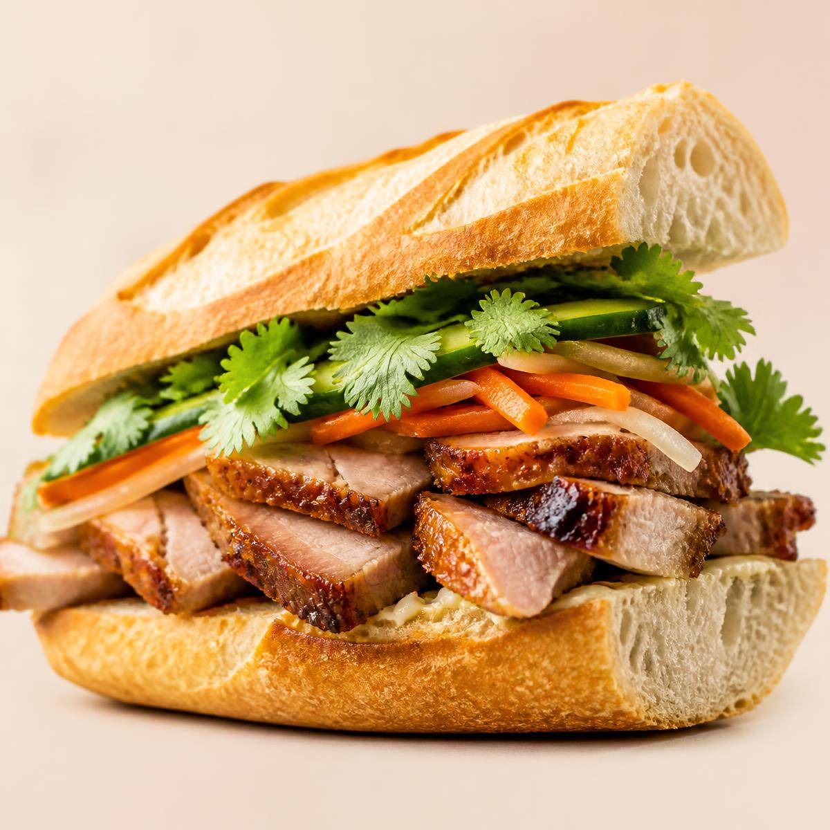 A stacked Vietnamese Bánh Mì with crispy pork belly and fresh herbs